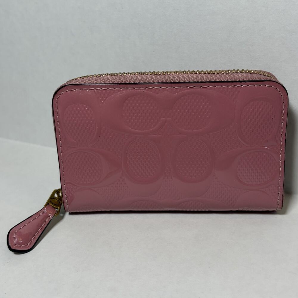 Coach Zip Card Case Patent Leather Debossed Signature Wallet Pink